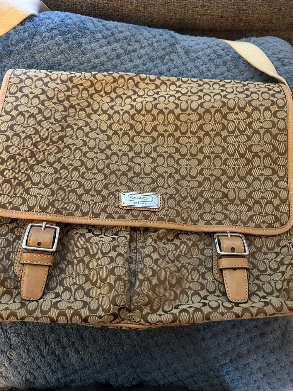 Coach Tan/Brown Signature Canvas Messenger Bag with Leather Trim